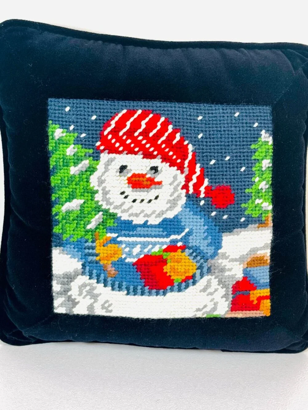 Snowman Needlepoint Square Pillow 9.5